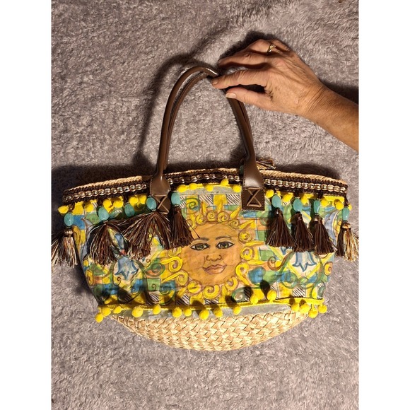 unbranded Handbags - Sicilian Coffa Straw Tote Bag Sun Face Tassels PomPom Beach Vacation Handmade